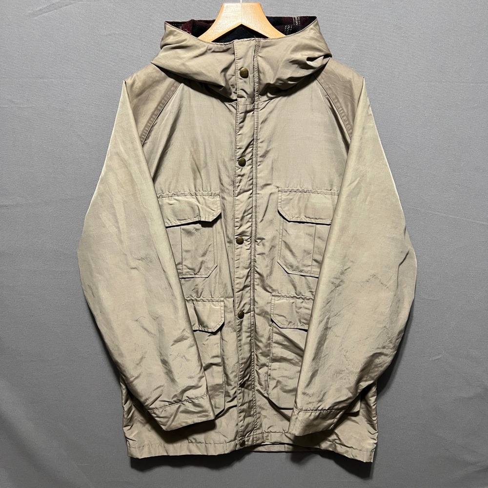 Woolrich Mens Vintage Mountain Parka Tan Khaki Plaid Lined Hooded Jacket Medium